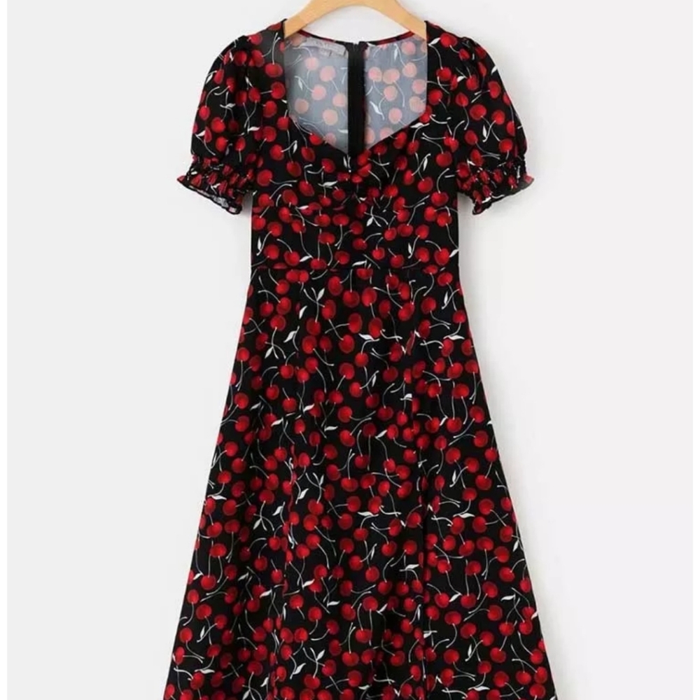 Cherry print puff sleeve milkmaid style dress